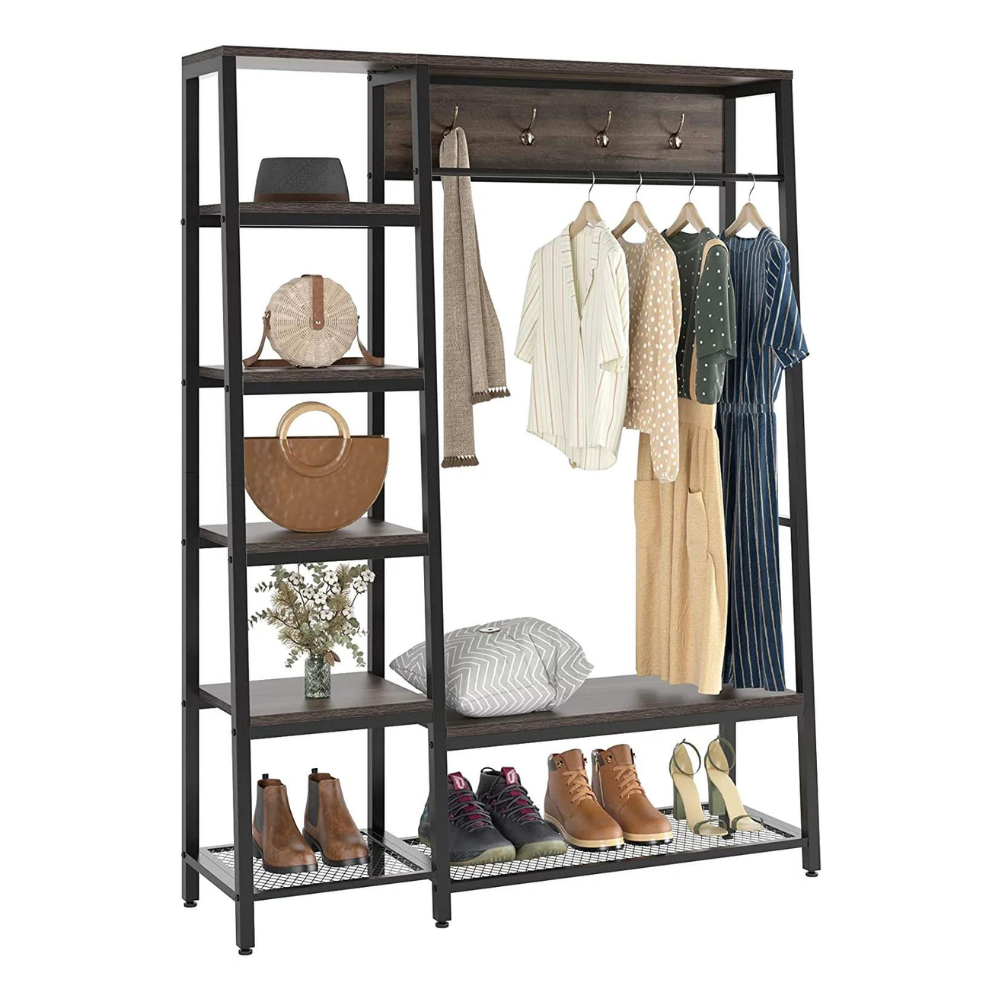 Homfa Closet Rack. 3 In 1 Metal Hall Tree. Free Standing Closet Organizer. Dark Brown