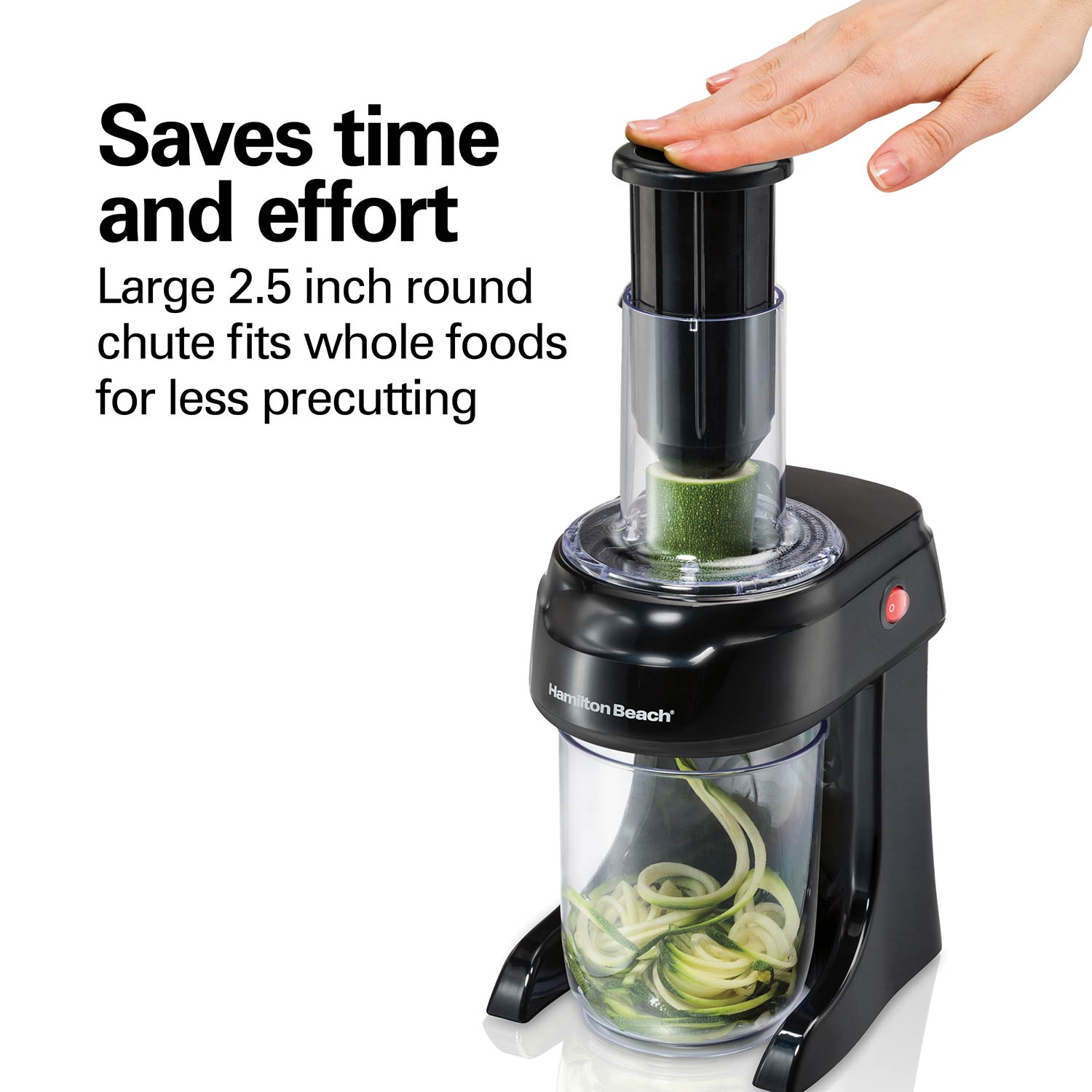 Hamilton Beach 3-In-1 Electric Spiralizer. 3 Cutting Cones. Metal Food Grip. 6 Cup Capacity. Model 70930