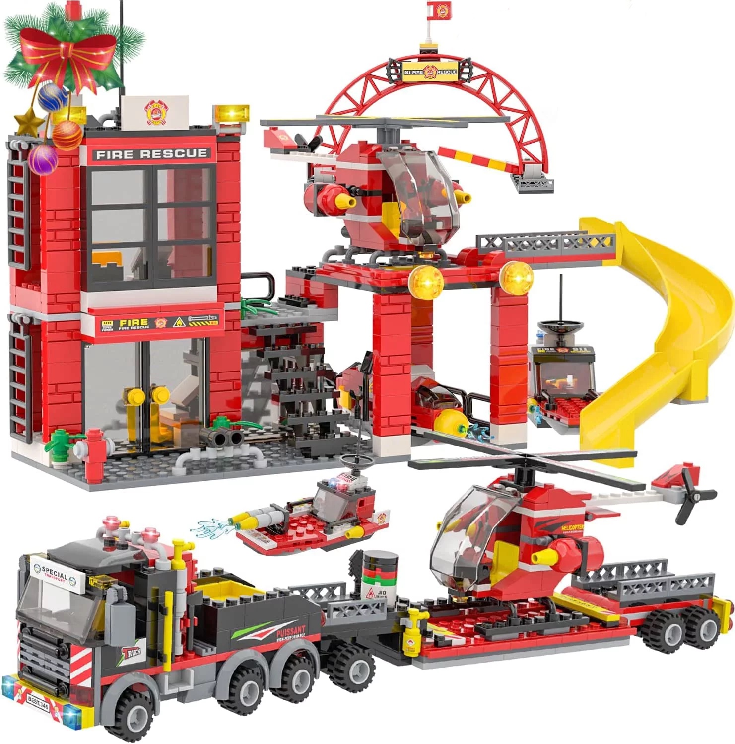 Exercise N Play City Fire Station Building Kit with Toy Fire Truck. Rescue Helicopter. Boat