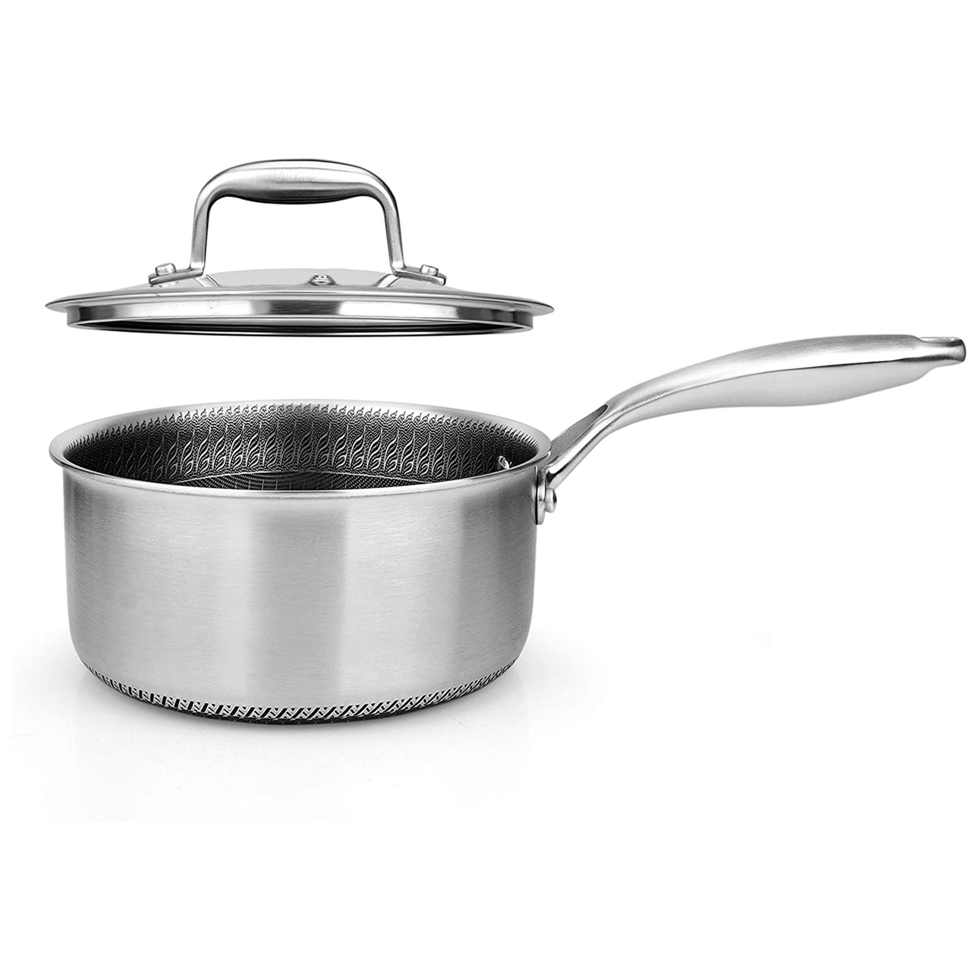 NutriChef 2 Qt Triply Stainless Steel Sauce Pot with Glass Lid. DAKIN Etching Non-Stick Coating