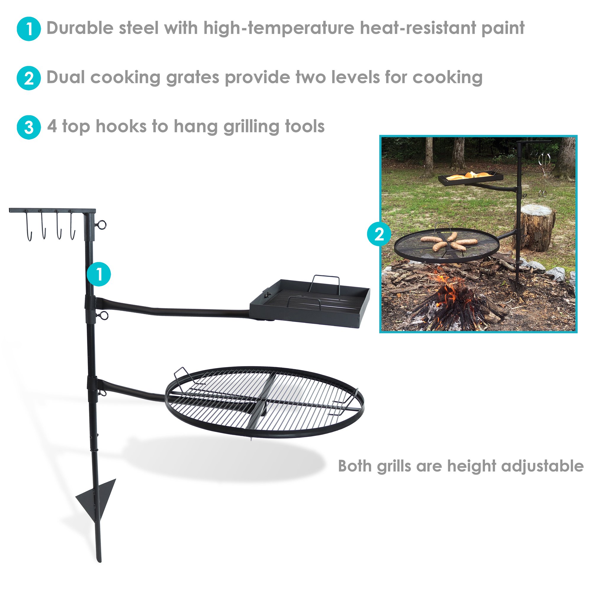 Sunnydaze Decor Dual Campfire Steel Cooking Grill Grate Swivel System. Outdoor Adjustable Fire Pit BBQ Grilling Accessory Set with Stand