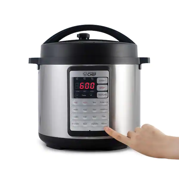 Commercial Chef Electric Pressure Cooker 6.3 Quarts. 24-Hour Preset Timer. Stainless Steel Interior with Safety Features