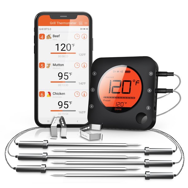 Bfour Smart Bluetooth Meat Thermometer Digital BBQ Thermometer APP Controlled with 6 Stainless Steel Probes