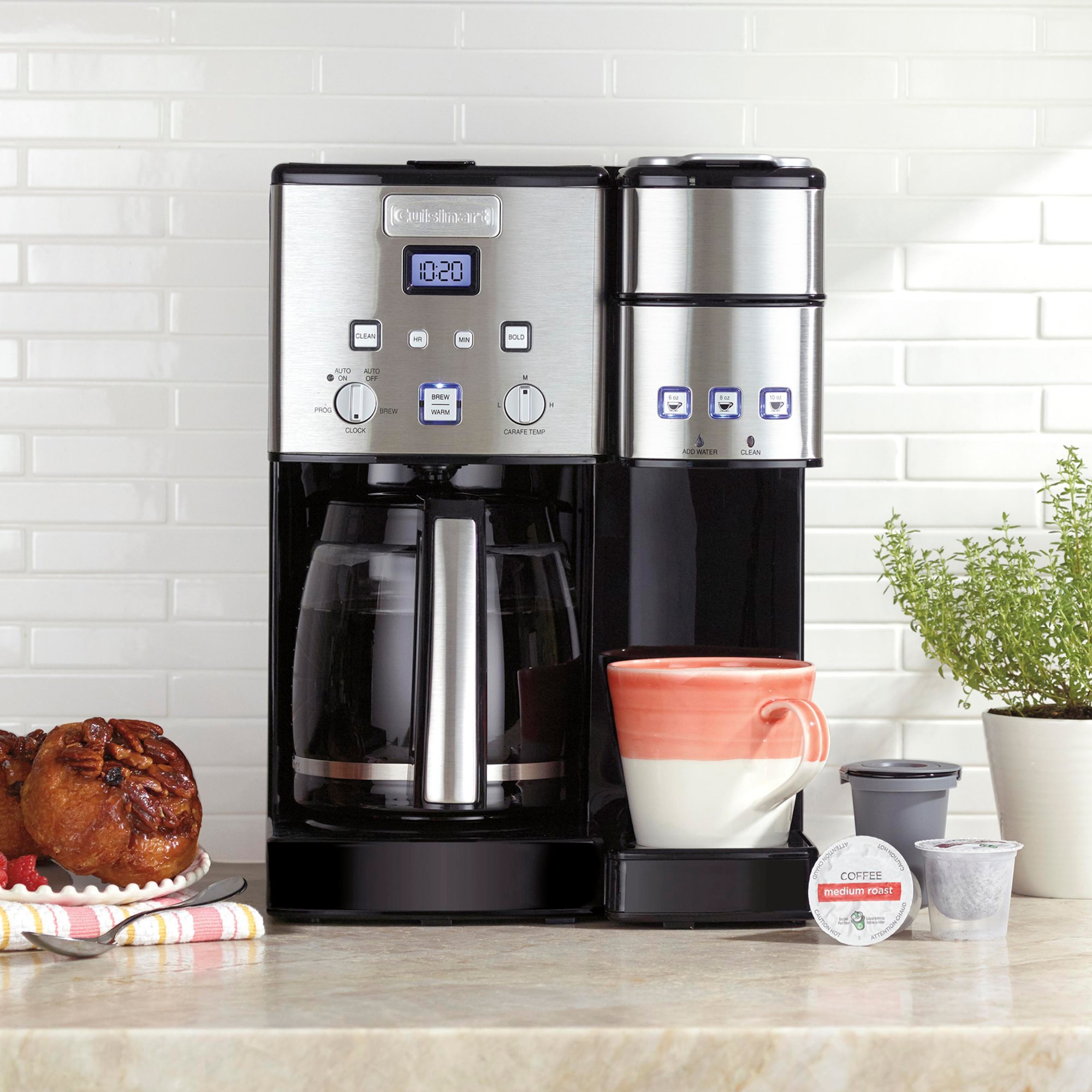 Coffee 12-Cup Center and Single-Serve Brewer with Glass Carafe. Stainless-Steel