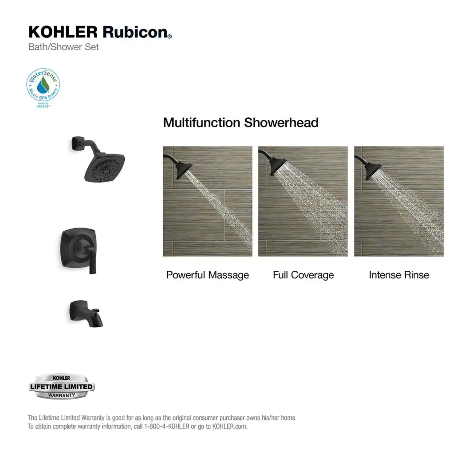 Kohler Rubicon 1-Handle 3-Spray Tub and Shower Faucet in Matte Black. Valve Included (K-R76217-4G-BL)