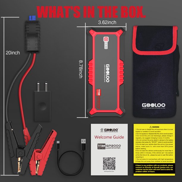 Gooloo GP2000 2000A Peak Jump Starter Car Battery Charger Supersafe Auto Jumper Box. Red