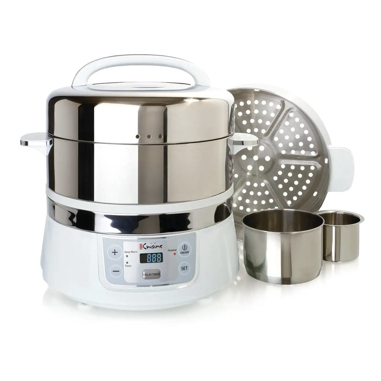 Euro Cuisine 16.9 Qt. White Food Steamer and Rice Cooker with Built-In Timer