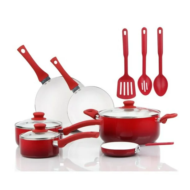 Mainstays Ceramic Nonstick 12 Piece Cookware Set. Red Ombre. Hand Wash Only
