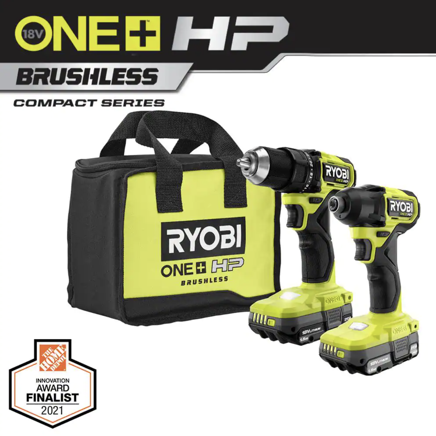 Ryobi One+ HP 18V Brushless Cordless Compact 1/2 in. Drill and Impact Driver Kit with (2) 1.5 Ah Batteries. Charger and Bag (PSBCK01K)