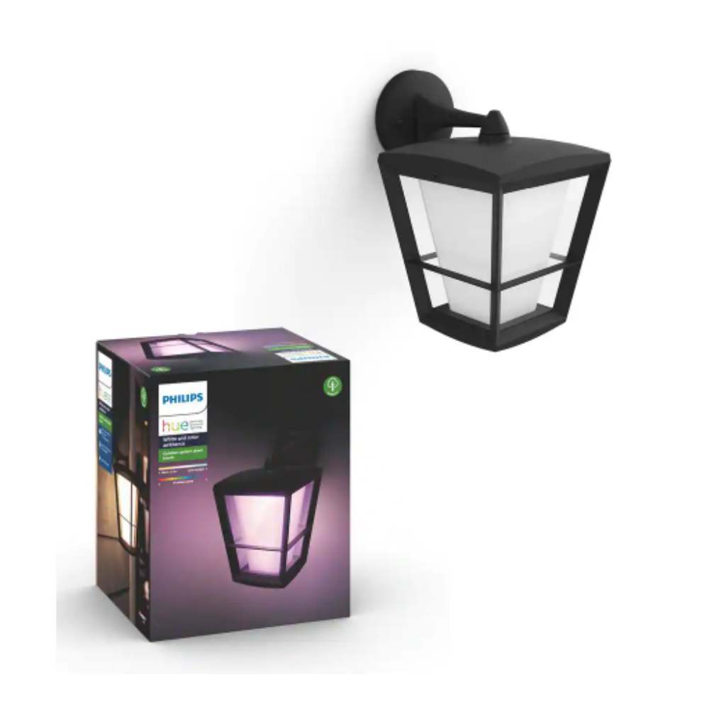 Philips Hue White and Color Ambiance Econic Medium Black Outdoor Wall Down Lantern with Integrated LED. Rectangle
