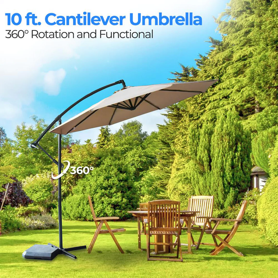 Serenelife 10 Foot Hanging Patio Umbrella With Push Button Tilt. Crank And Base