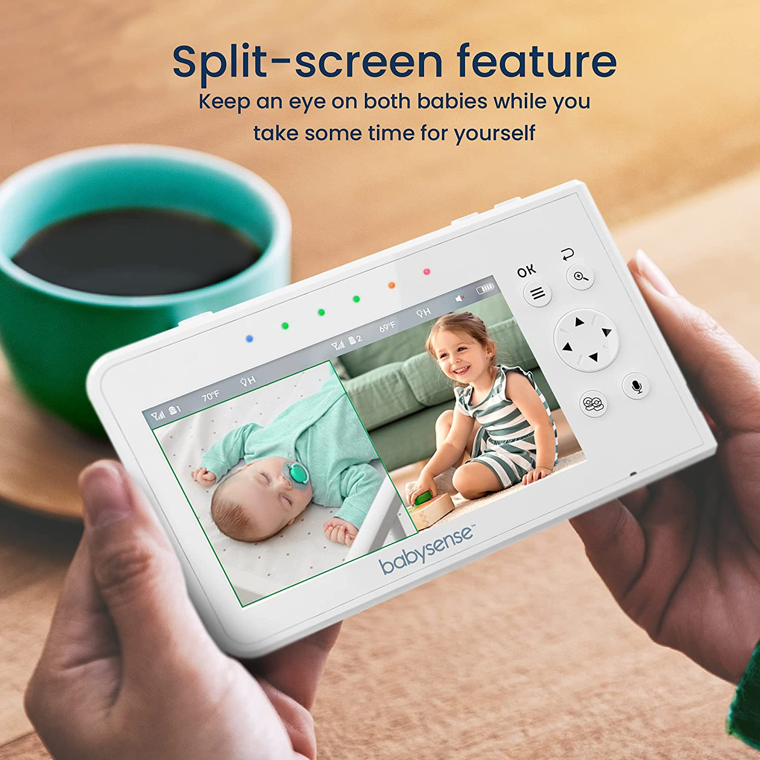 Babysense Split Screen Video Baby Monitor. 4.3″ Display with 2 PTZ Cameras. Two-Way Talk