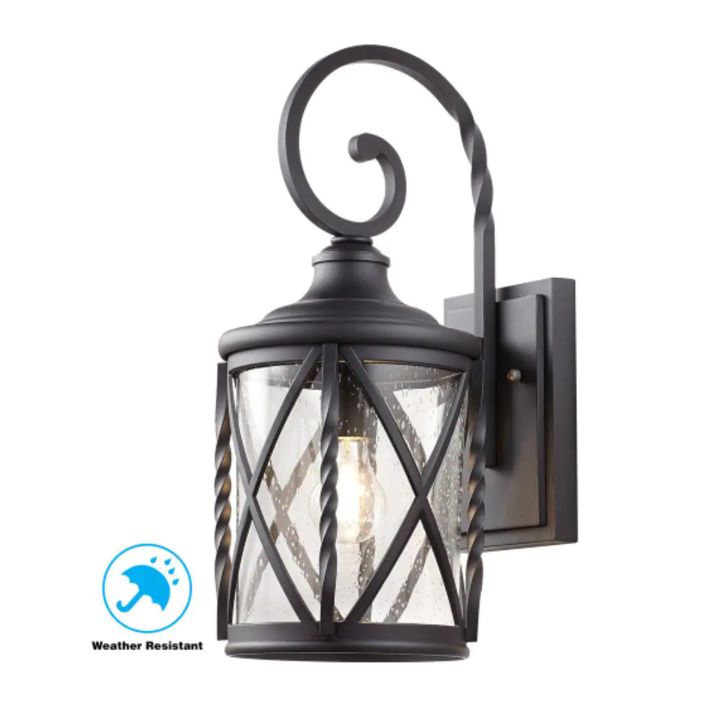 Home Decorators Collection Walcott Manor 8 in. One-Light Gilded Iron Industrial Outdoor Wall Lantern Sconce with Clear Seeded Glass