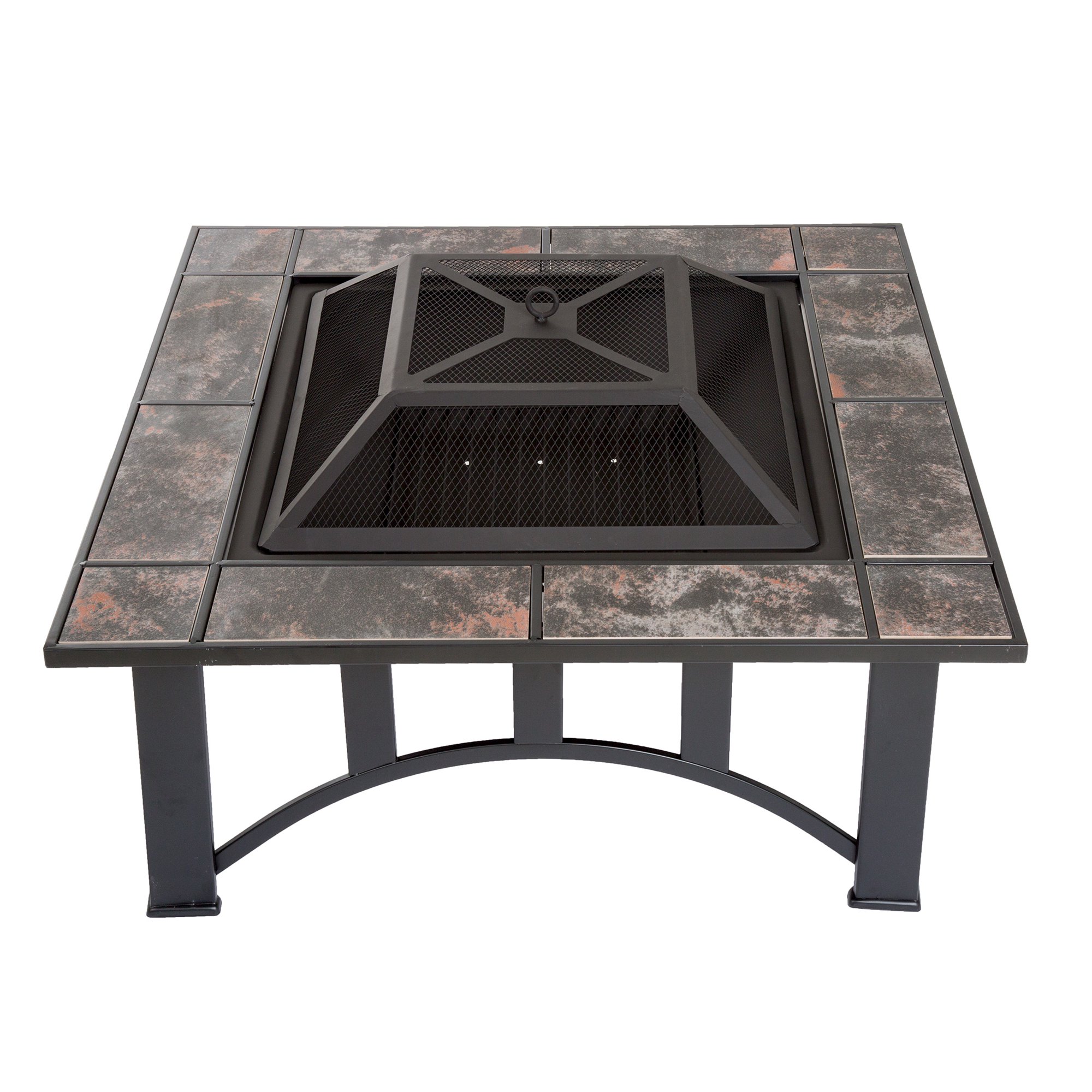 Fire Pit Table 33-Inch Square Wood Burning Bonfire Pit with Marble Tile Edge. Spark Screen. Cover and Log Poker