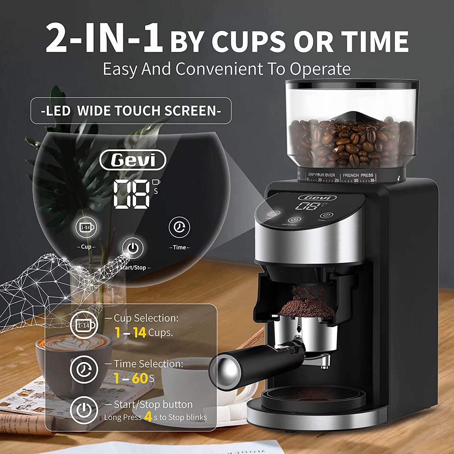 Gevi Electric Coffee Grinder. Adjustable Burr Mill with 35 Precise Grind Settings. Black