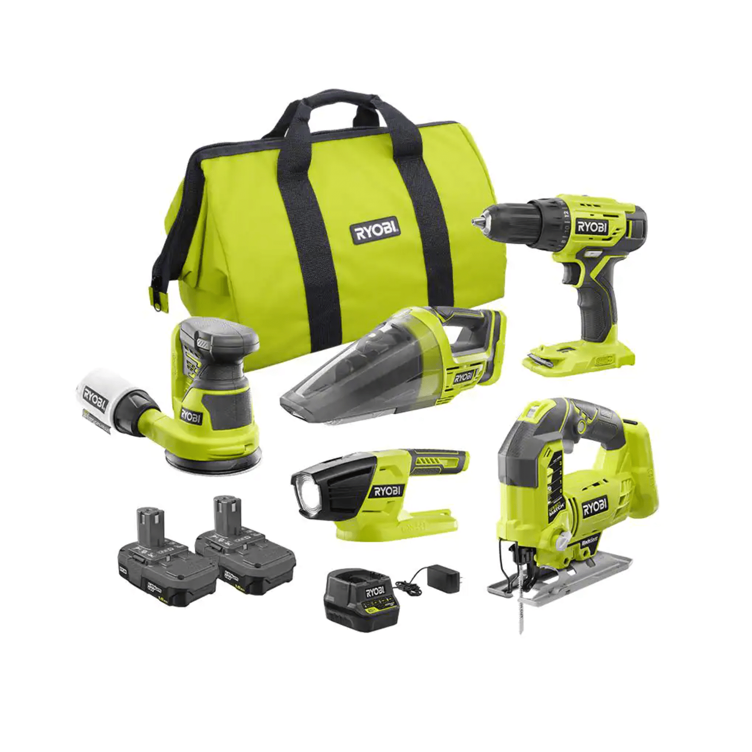 Ryobi One+ 18V Cordless 5-Tool Combo Kit with (2) 1.5 Ah Batteries. 18V Charger & Bag (PCK311KN)