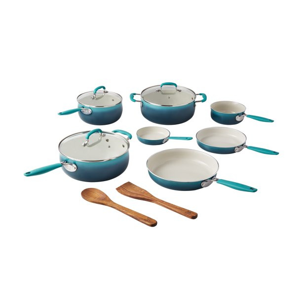 The Pioneer Woman 12-Pieces Porcelain Enamel Classic Ceramic Cookware Set. Blue