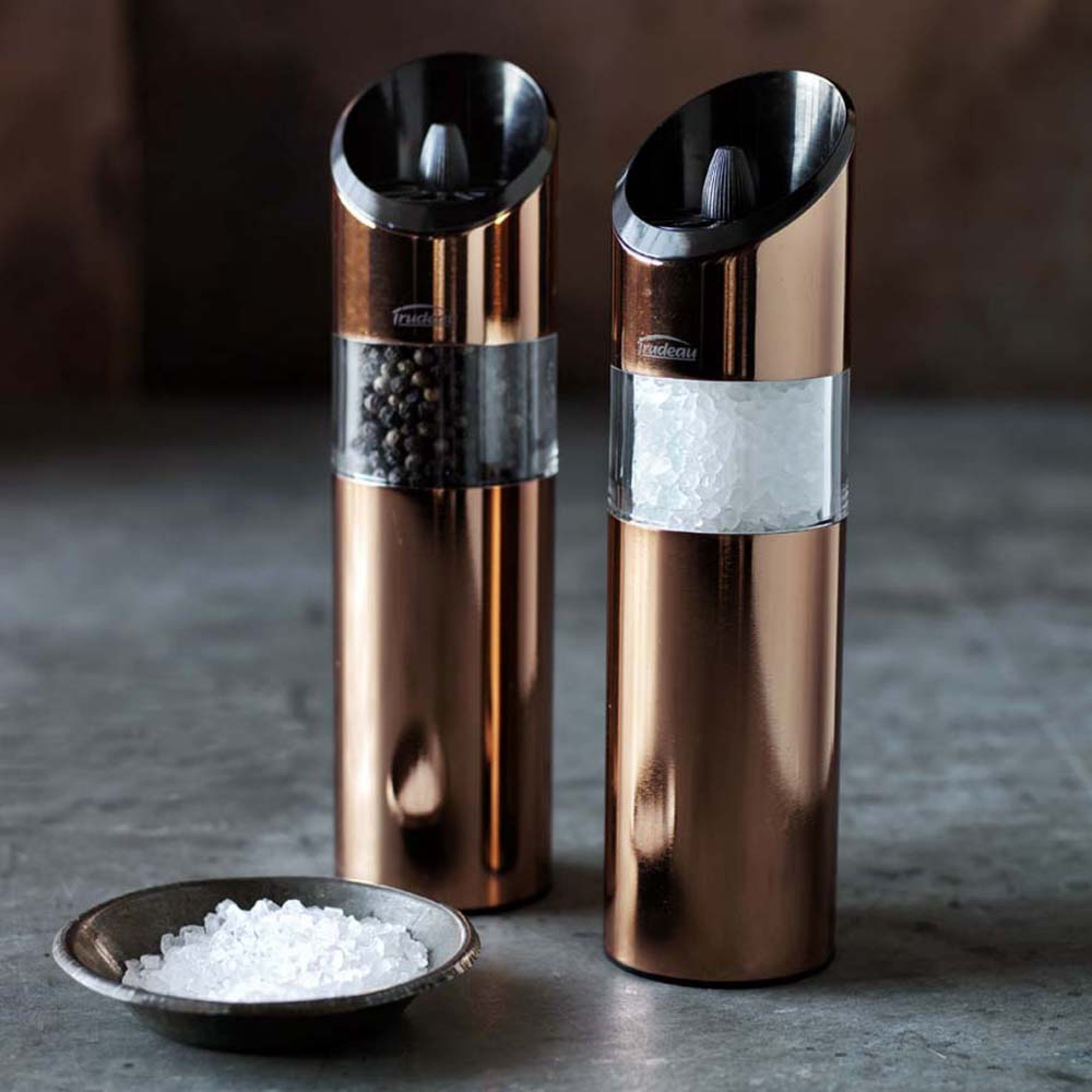 Trudeau Graviti Electric Salt & Pepper Mills Set. Copper