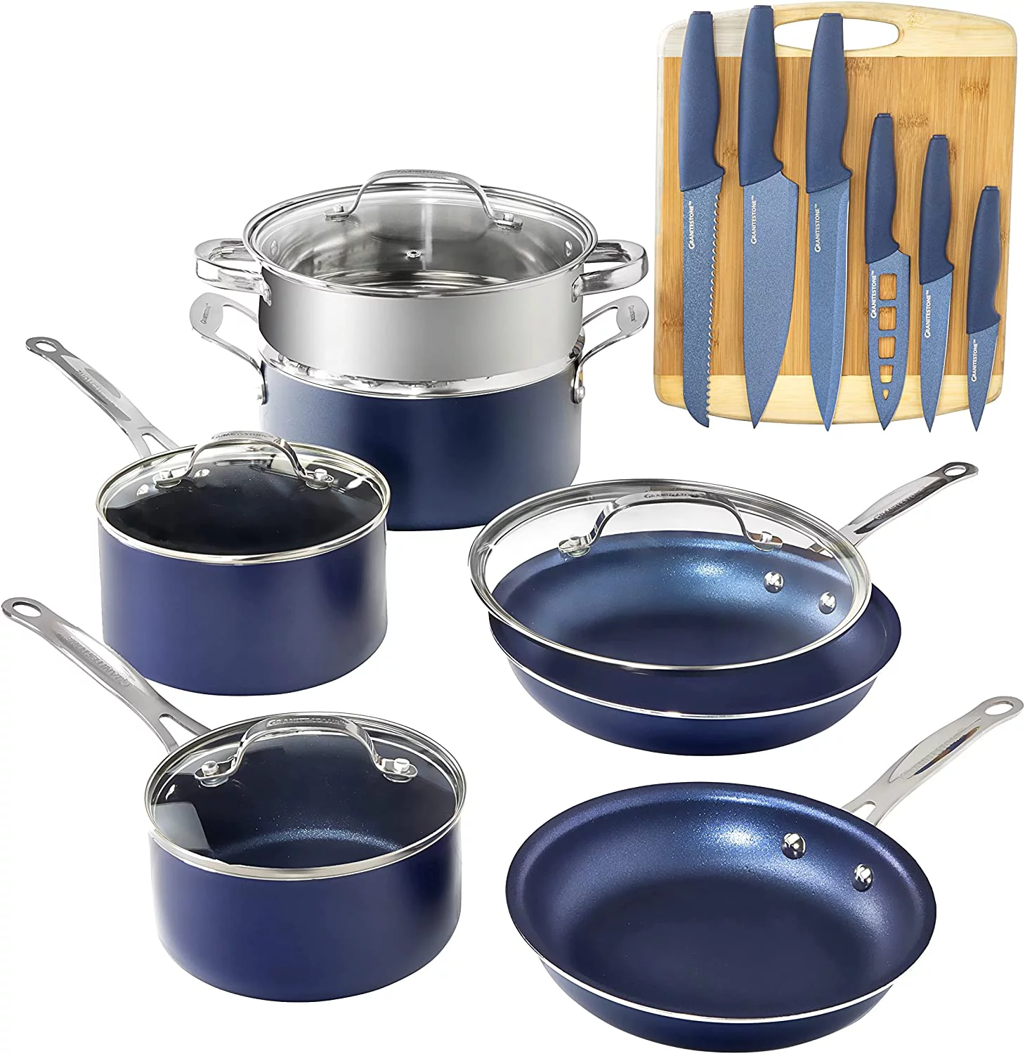 Granitestone Blue 17 Nonstick Pots & Pans Set. Cookware Set + Knife Set. Blue