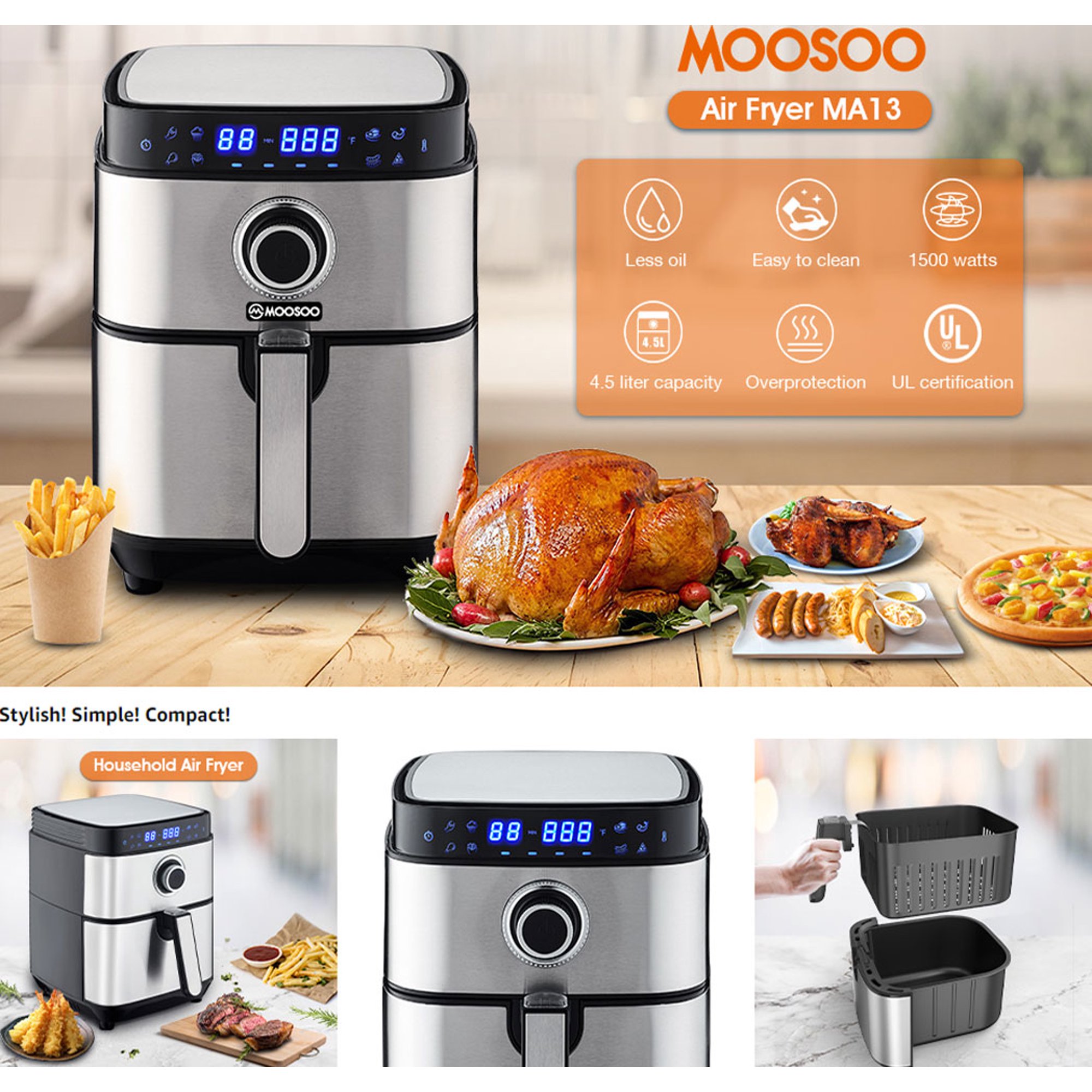 Moosoo MA13 5-Qt Stainless Steel Air Fryer Oven with Air Fryer Cooker