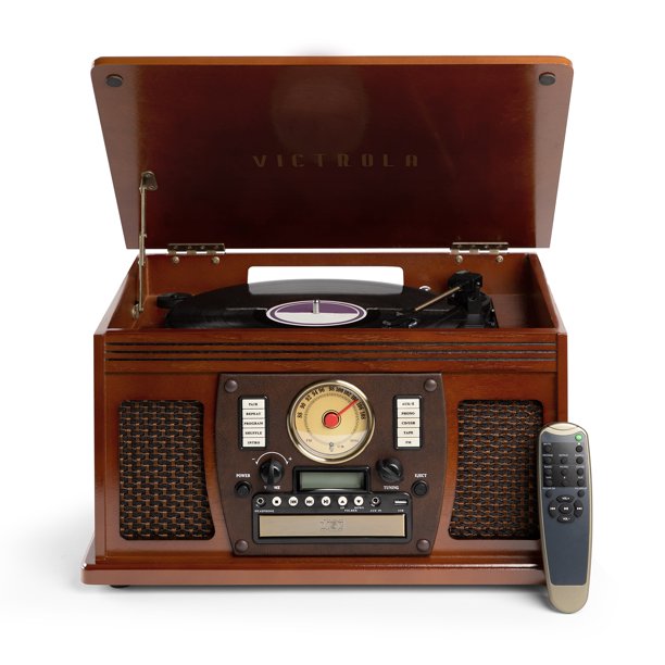 Victrola Wood 8-in-1 Nostalgic Bluetooth Record Player with USB Encoding and 3-Speed Turntable - Mahogany Wood