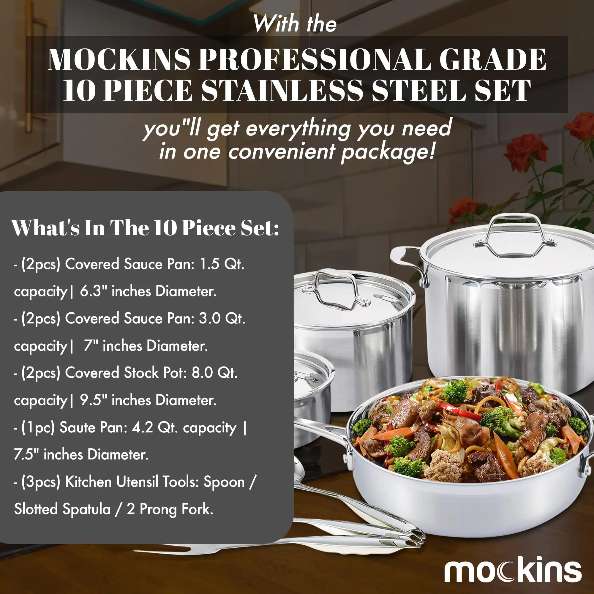 Mockins 10-Piece Premium Grade Stainless Steel Cookware Set With Lids