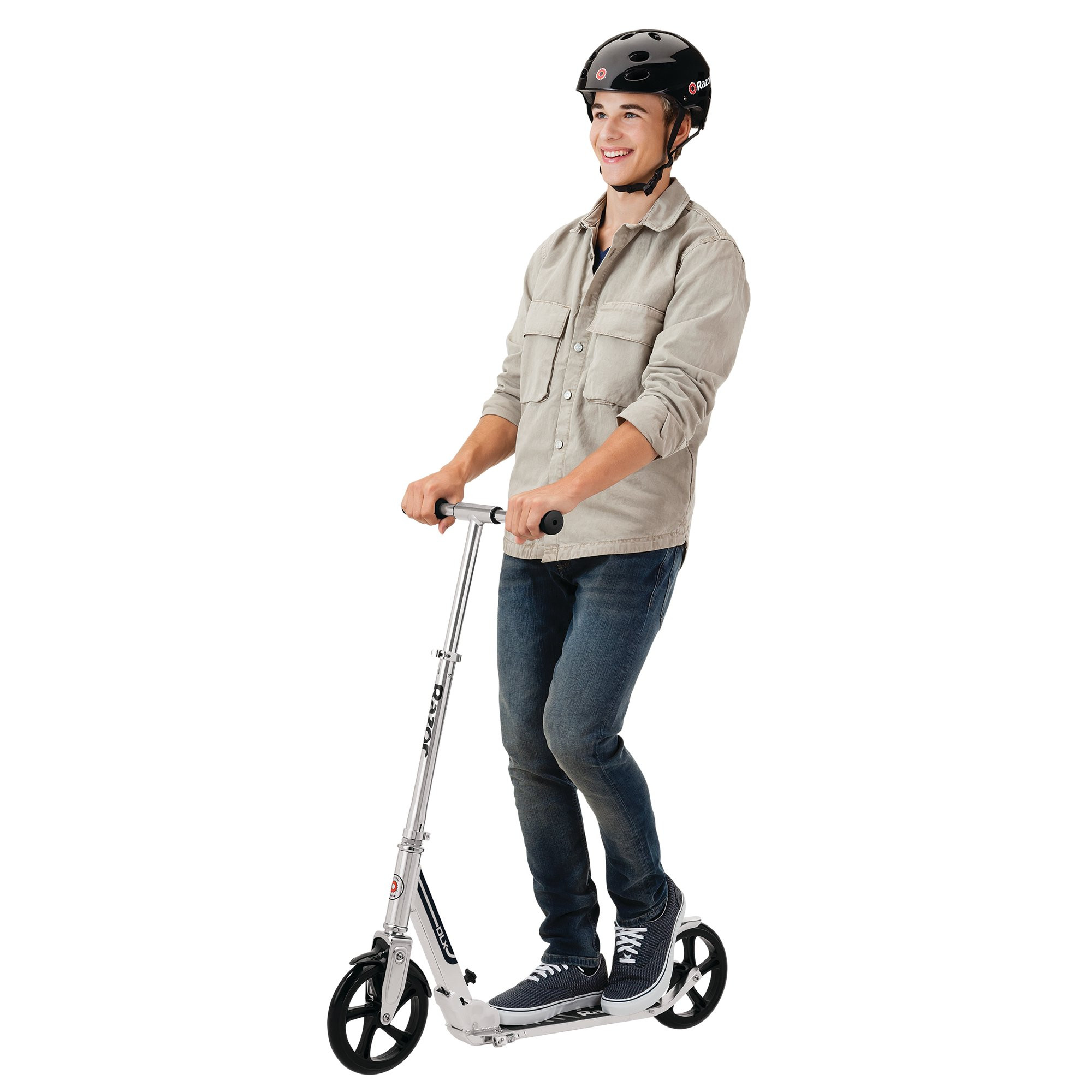 Razor A5 DLX Kick Scooter. 8″ Large Wheels. Anti-Rattle Folding Aluminum Scooter. Silver - Easy Open