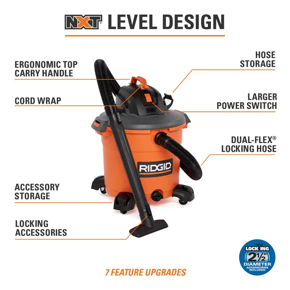 Ridgid 16 Gal. 5.0-Peak HP NXT Wet/Dry Shop Vacuum With 2 Filters. 2-Pack Dust Bags. Hose. Diffuser And 3 Accessories