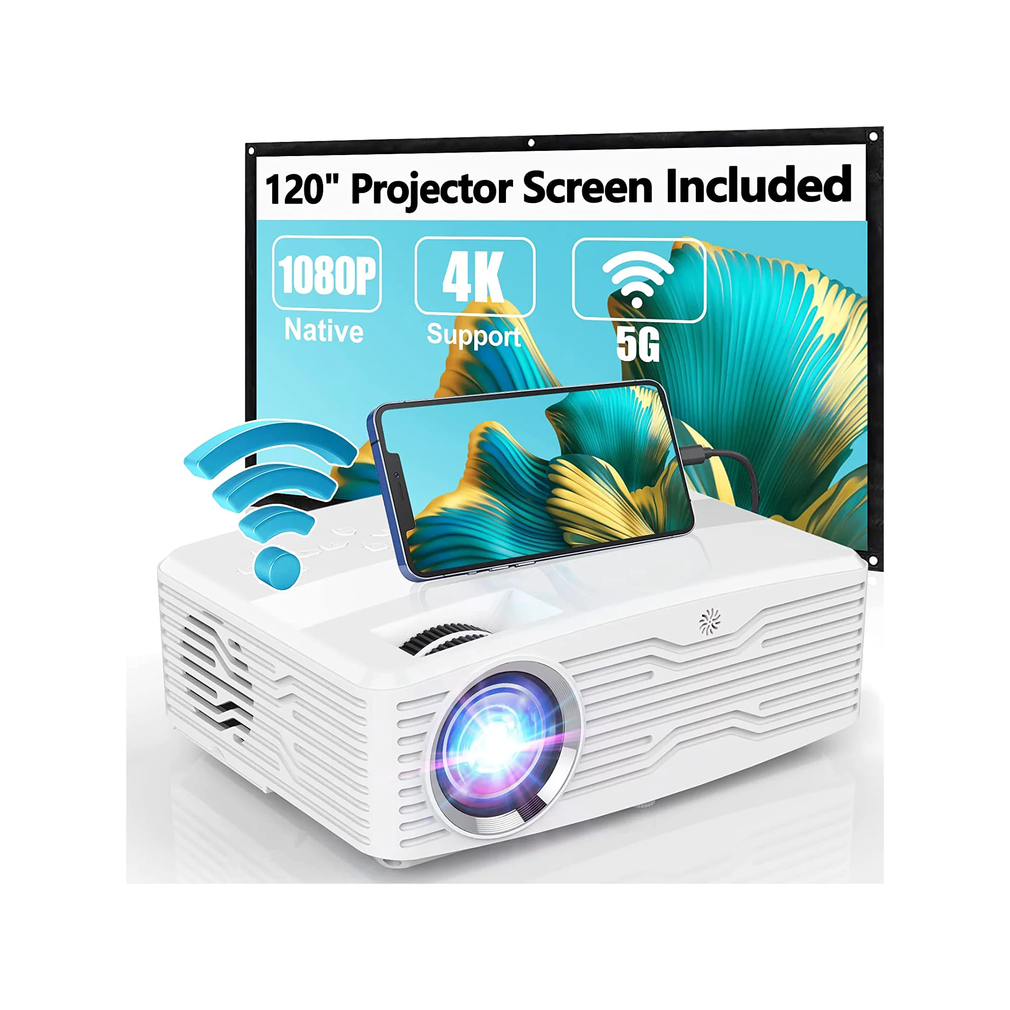 DR.J Professional AK40 5G WiFi 300″ Display Projector Full HD. 4K Native 1080P 9500 Lumens Projector. 120″ Projector Screen Included