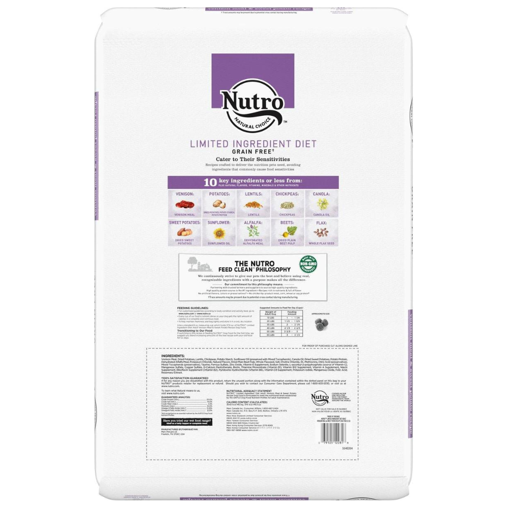 Nutro Limited Ingredient Diet Sensitive Support with Real Venison Meal & Sweet Potato Grain-Free Adult Dry Dog Food. 22-lb bag