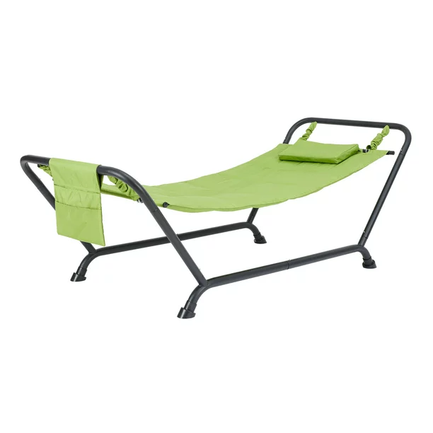 Mainstays Belden Park Hammock with Stand and Pillow Length 90.55″. Material Polyester. Green
