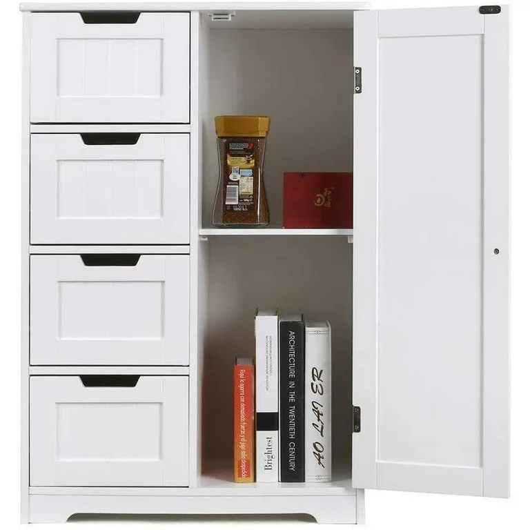 Homfa 4 Drawer Storage Cabinet. Wooden Cupboard Linen Bathroom Cabinet. White Finish