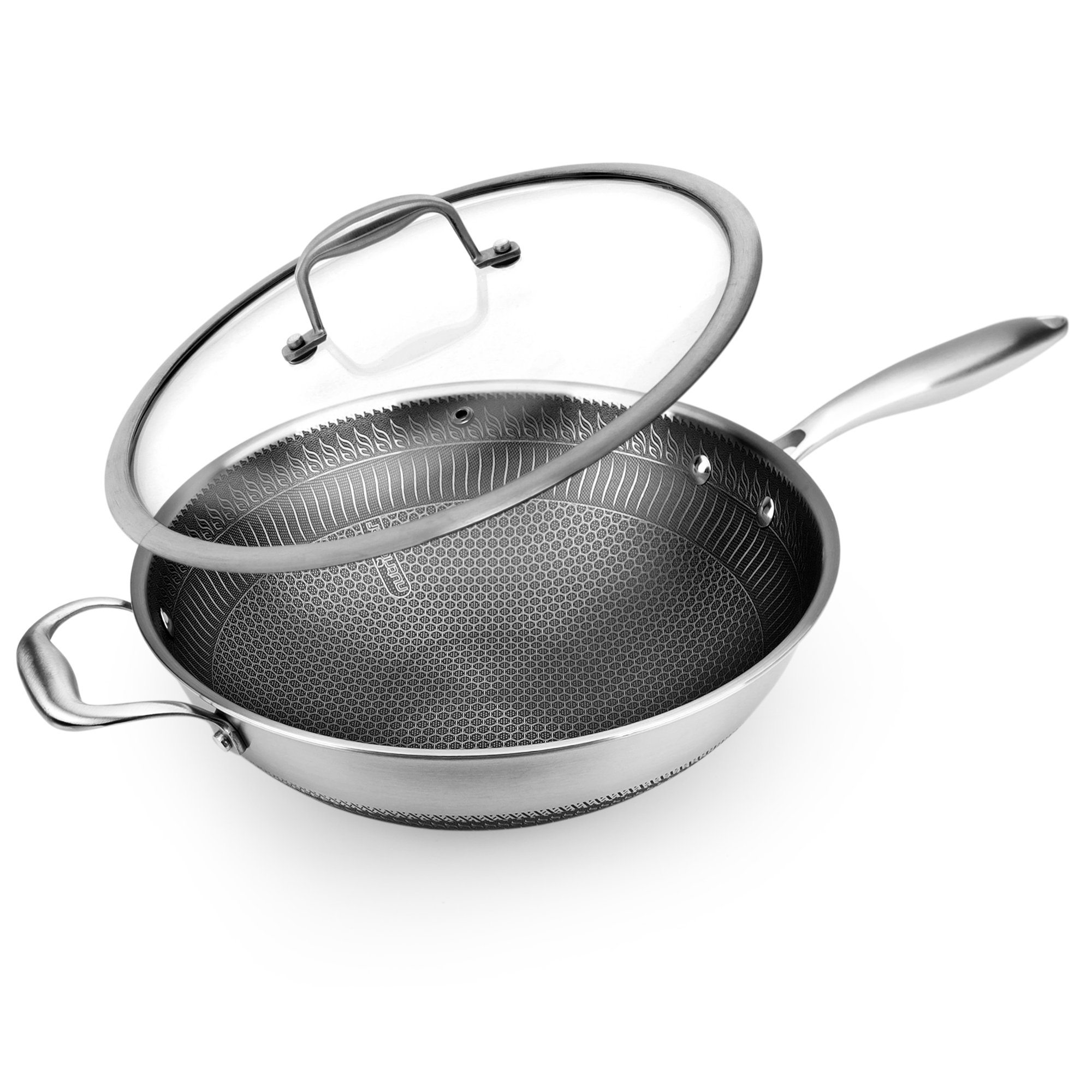 NutriChef 12″ Stainless Steel Durable Wok - Triply Kitchenware Wok With Glass Lid. Side Handle