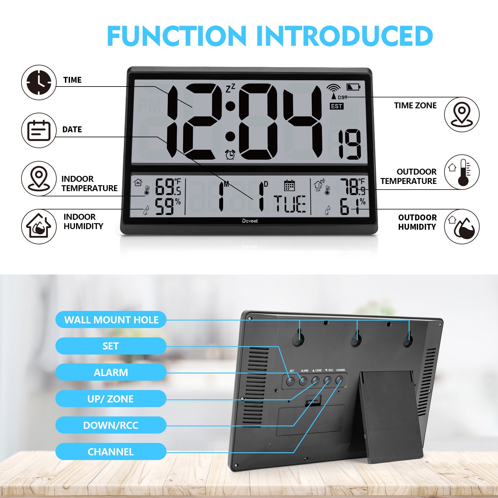Doveet 60215 Digital Atomic Desktop Clock Jumbo 4.5″ Display with Time/Date/Temperature