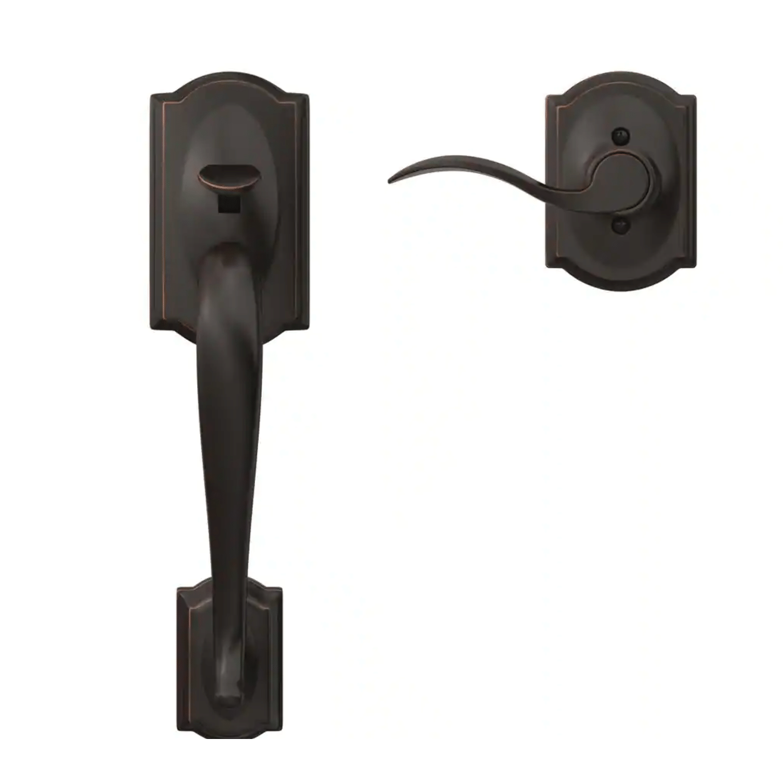 Schlage Camelot Aged Bronze Entry Door Handle Set with Accent Door Handle