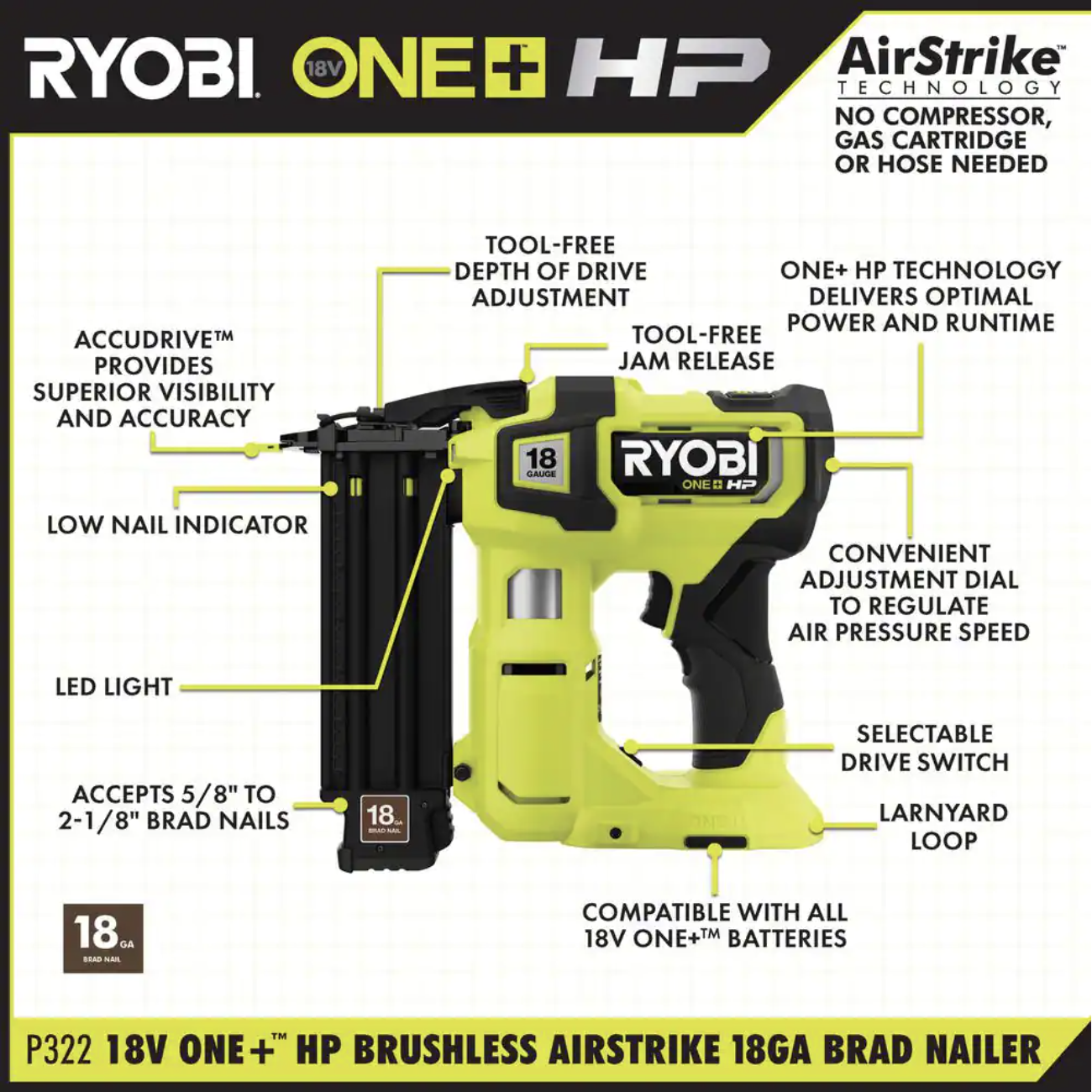 Ryobi ONE+ HP 18V 18-Gauge Brushless Cordless AirStrike Brad Nailer