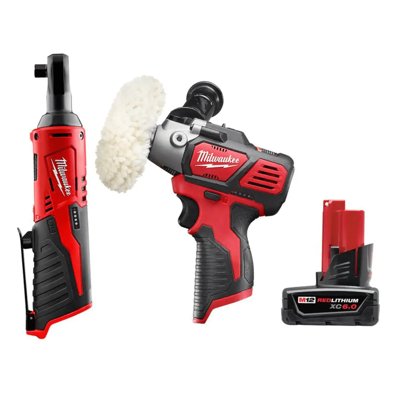 Milwaukee M12 12VLithium-Ion Cordless 3/8 in. Ratchet with M12 Variable Speed Polisher/Sander & 6.0 Ah XC Battery Pack (2457-20-2438-20-48-11-2460)