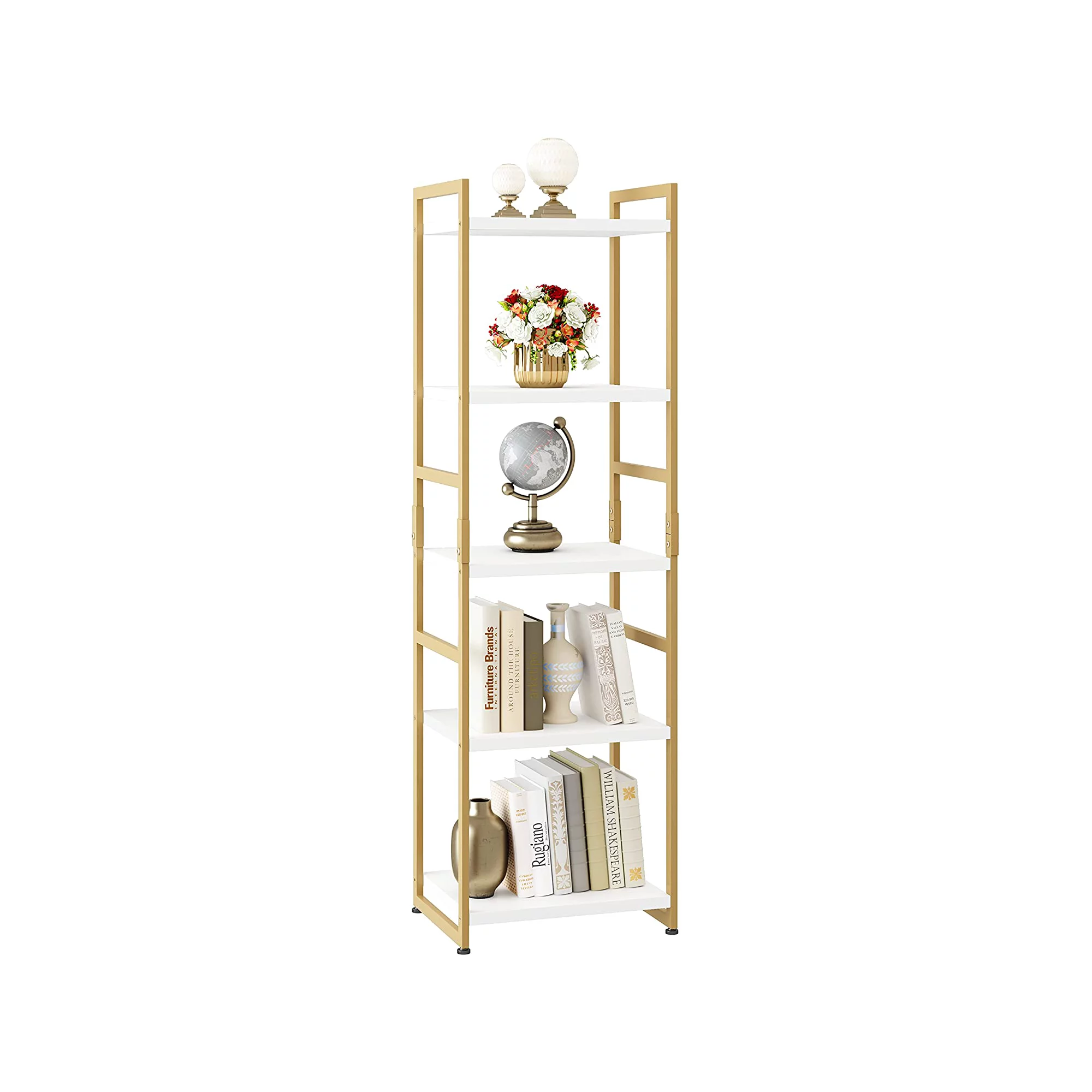 Homfa 5 Tier Gold and White Bookshelf. Tall Freestanding Storage Shelf with Metal Frame for Living Room
