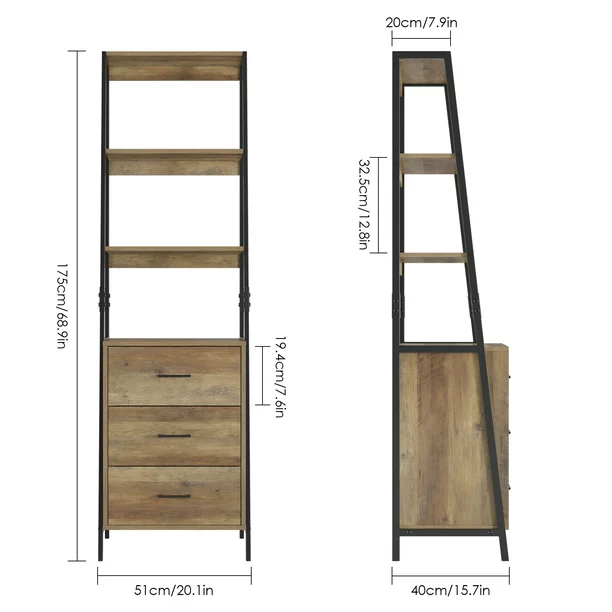 Homfa 3 Drawers Ladder Bookshelf. 3 Tier Open Storage Shelves. Rustic Brown