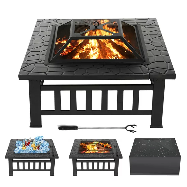 SinglyFire 32 inch Fire Pit Table for Outside Square Outdoor Fire Pit. Wood Burning BBQ Tabletop Firepit