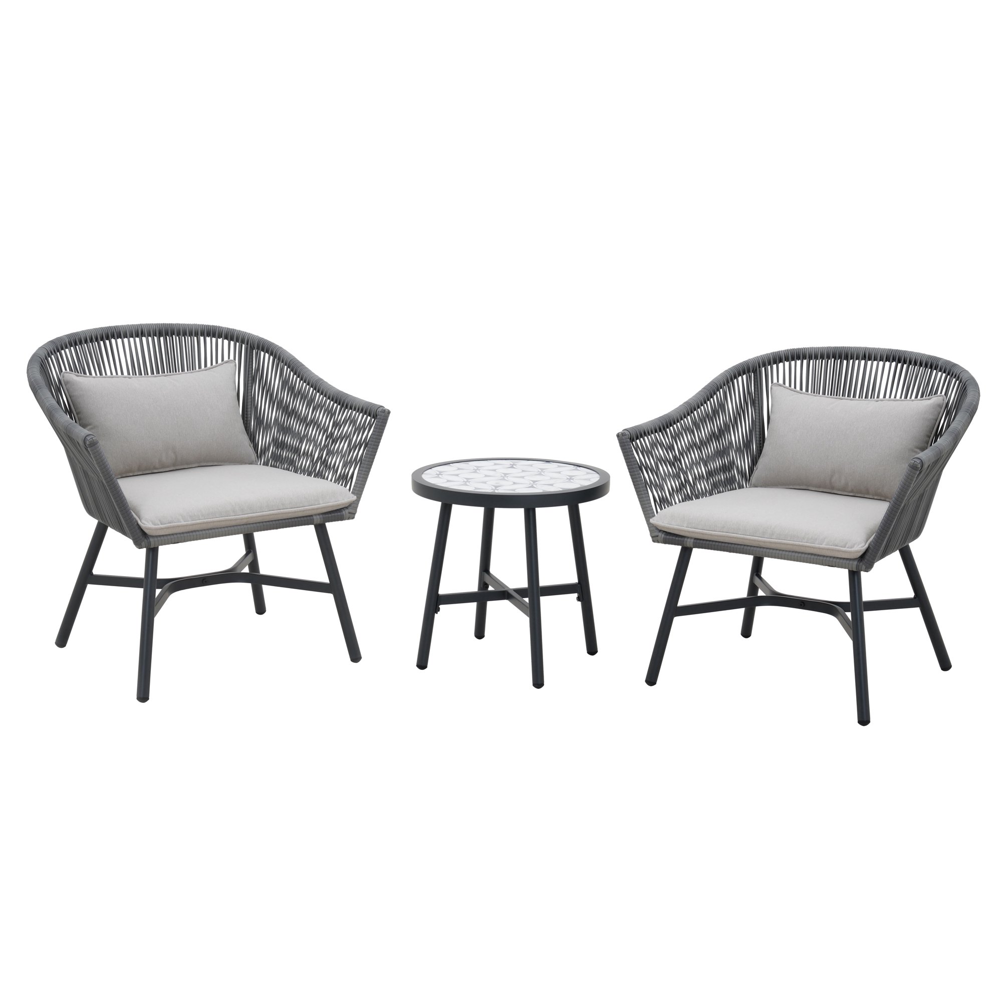 Better Homes & Gardens Blakely 3-Piece Chat Set with Tile Top Table. Gray
