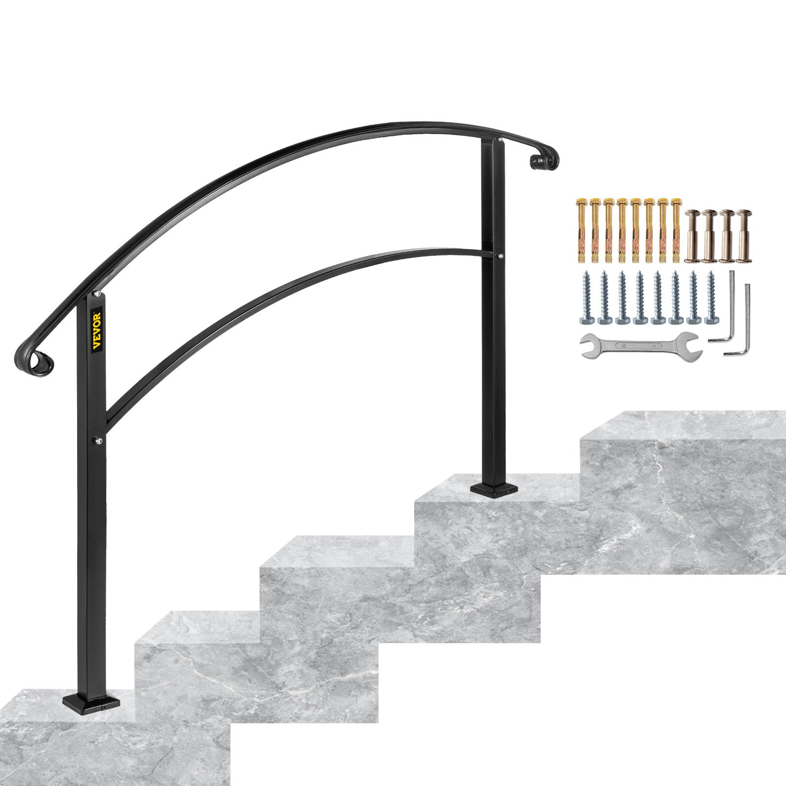 Vevor 4-Step Adjustable Handrail Fits 3 or 4 Steps Stair Rail Wrought Iron Handrail. Matte Black