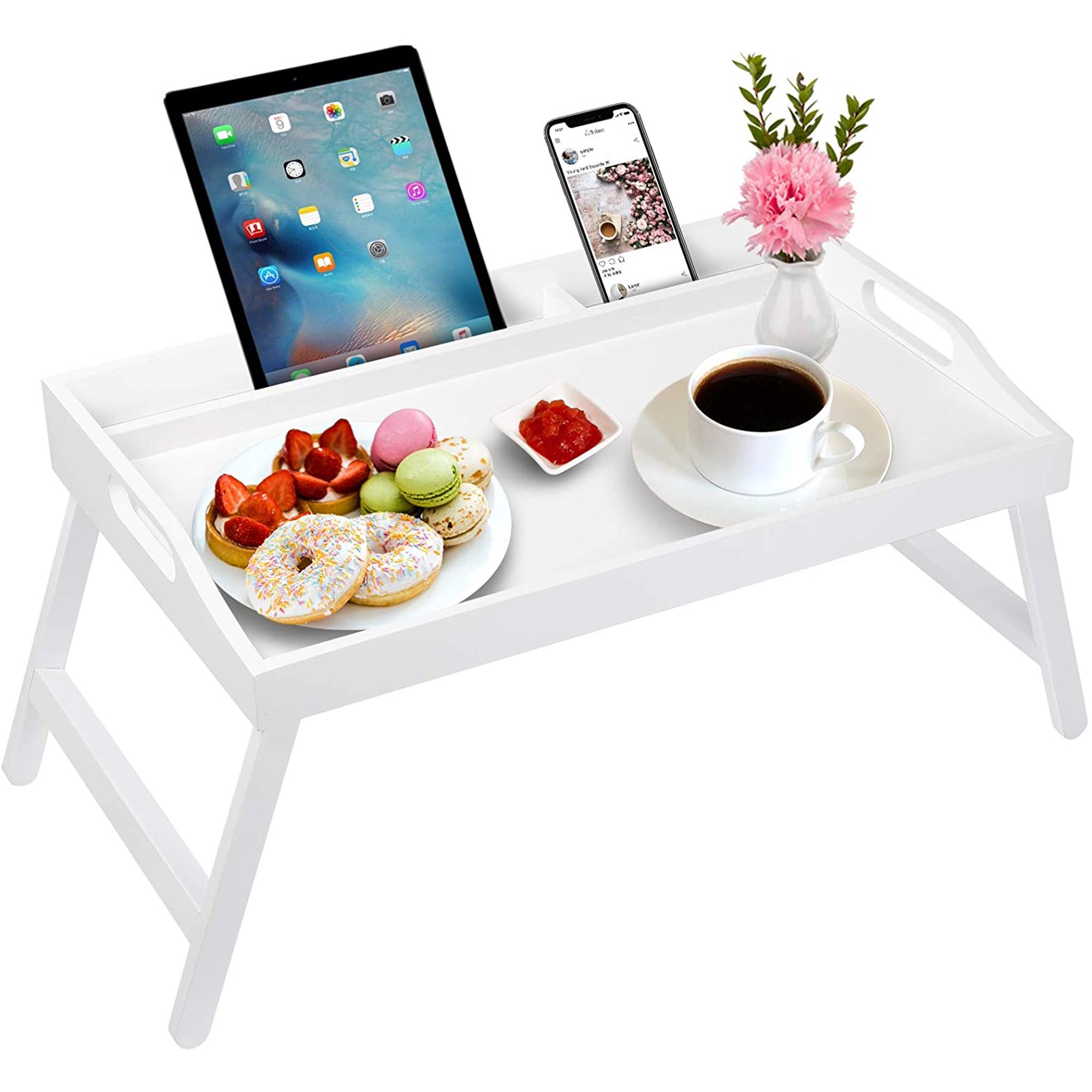 Artmalle Bed Tray Table With Carrying Handles Folding Legs Bamboo White Lap Table Tray