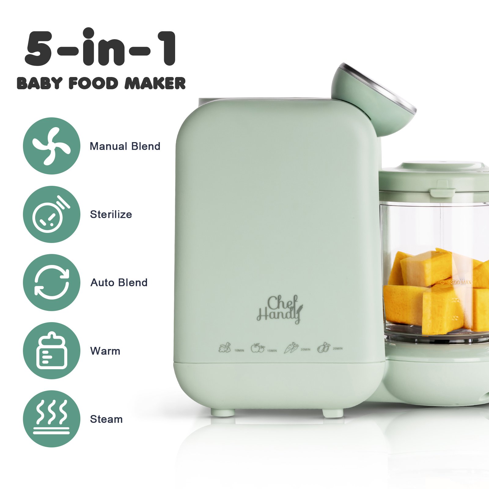 Chefhandy 5-in-1 Baby Food Processor. Smart Control Multifunctional Steamer Grinder with Steam Pot with 2 Reusable Food Pouch