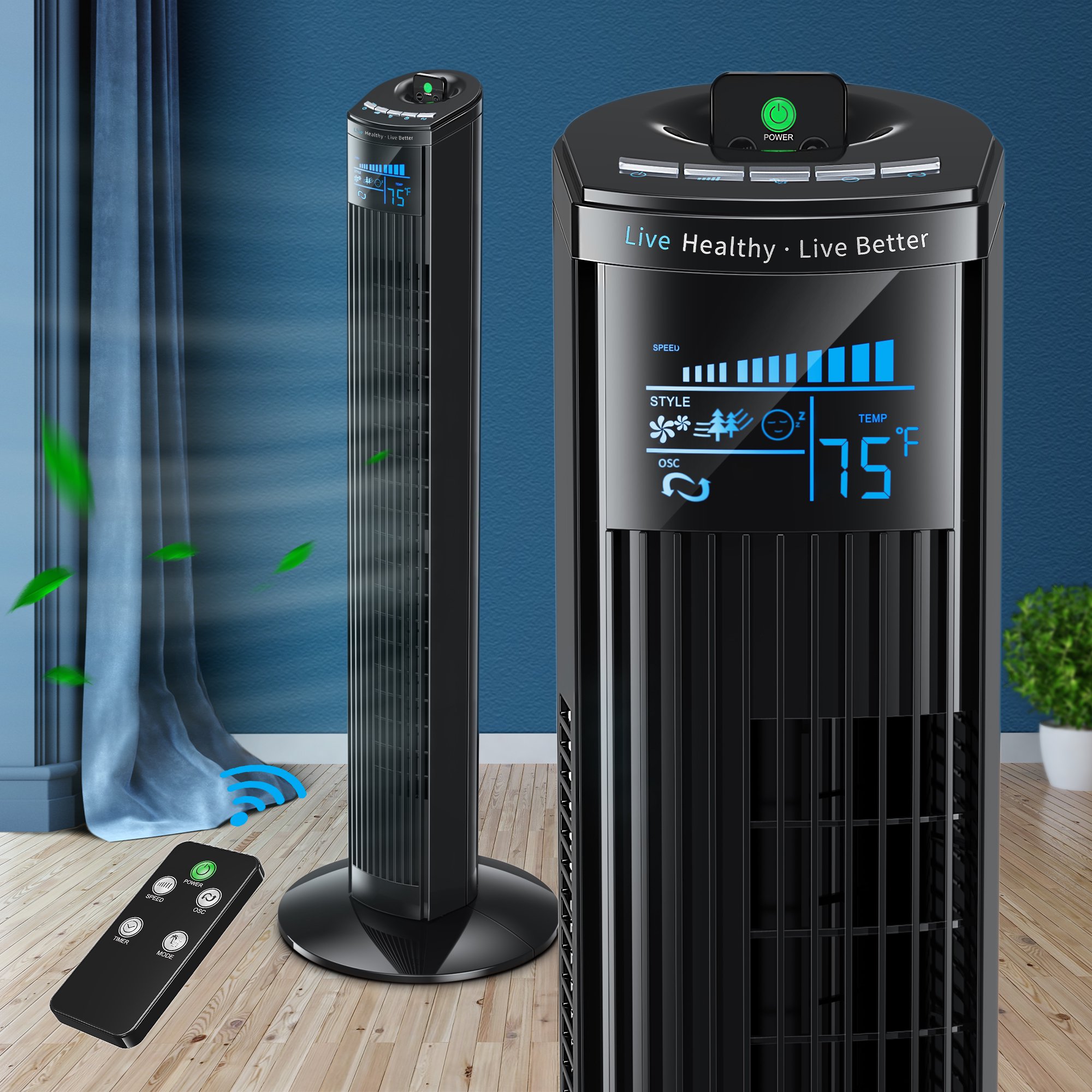 iTvanila 36″ Oscillating Tower Cooling Fan with Remote Control. Portable Stand up Floor Bladeless Fan. Black