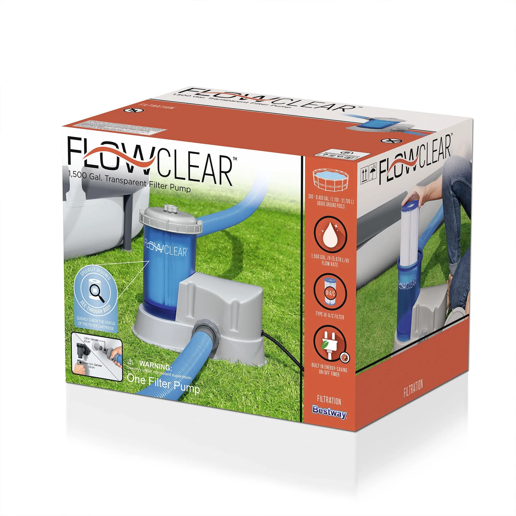 Bestway 58647E-BW Flowclear Transparent Filter Above Ground Pool Pump 1500 GPH