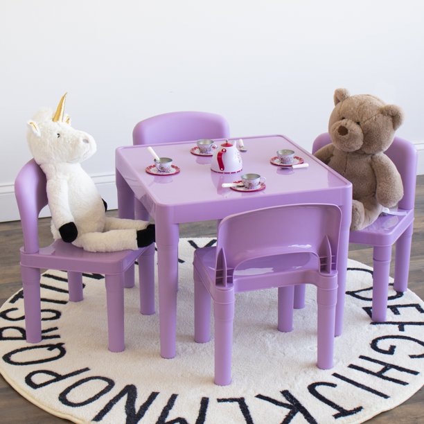 Humble Crew Quinn Kids Lightweight Plastic Table And 4 Chairs Set. Square. Purple