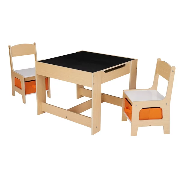 Senda Kids Wooden Storage Table and Chairs Set. Natural Color. Melamine. 3 Piece