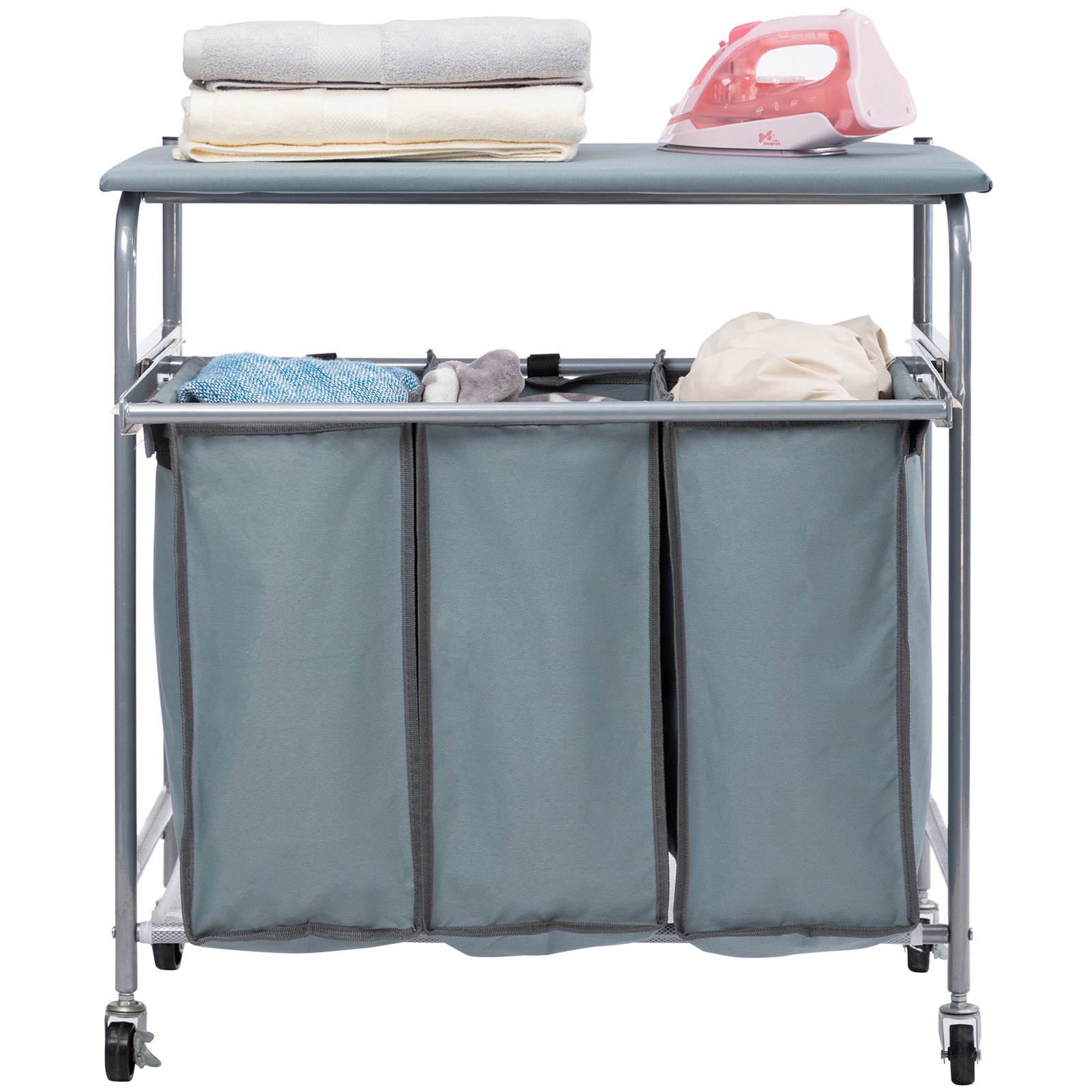 HollyHOME Rolling Laundry Sorter Cart with Openable Ironing Board and Side Pull 3 Bags. Blue Gray