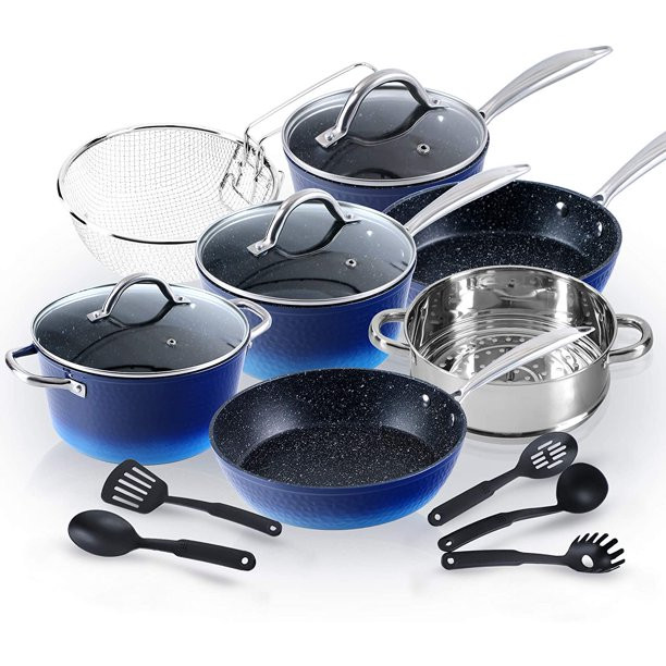 MF Studio 15 Piece Induction Kitchen Cookware Sets Nonstick - Granite Hammered Pan Set